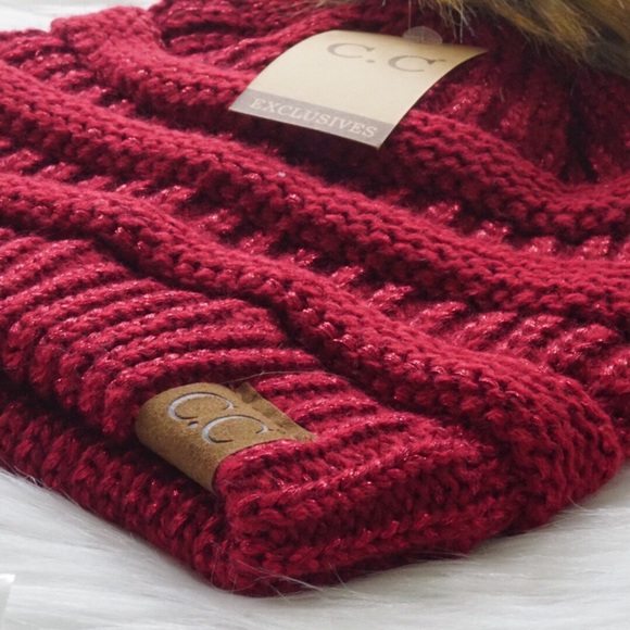 Metallic CC Pom Pom Beanie Burgundy Red Knit - Picture 4 of 5
